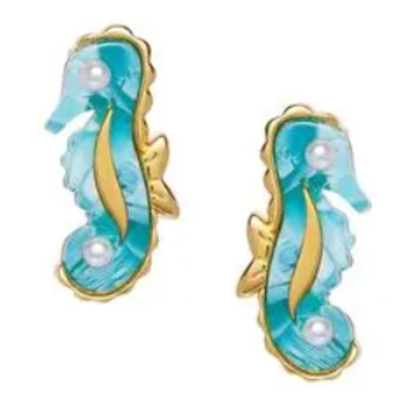 NWT Lele Sadoughi Imitation Pearl Aqua Seahorse Stud Earrings in 14K Gold Plated - Picture 1 of 9